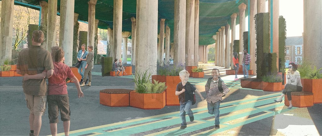 Illustration of plants and seating under motorway flyover