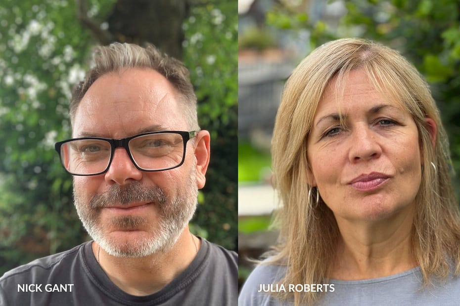 Man glasses beard black top outdoors and woman grey top blonde hair outdoors